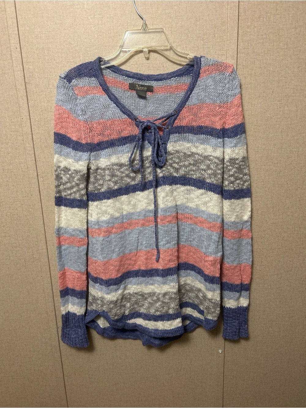 Natural Reflections Striped Tie-Front Sweater in Blue, Pink & Cream